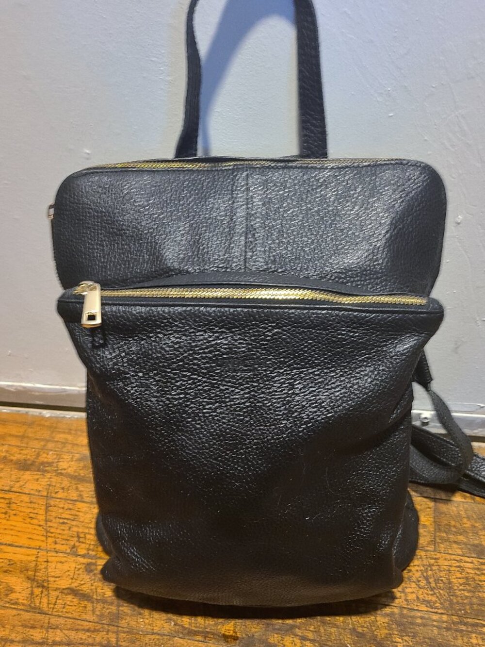 Black Leather Everyday Backpack with Gold Zipper